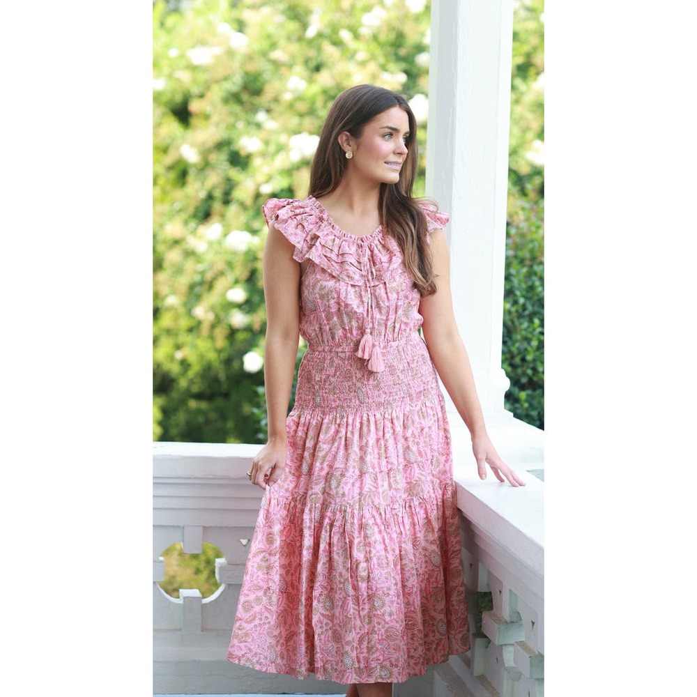 ANNA CATE Penelope Midi Dress Floral Coral Pink Prairie Cotton Women's Medium